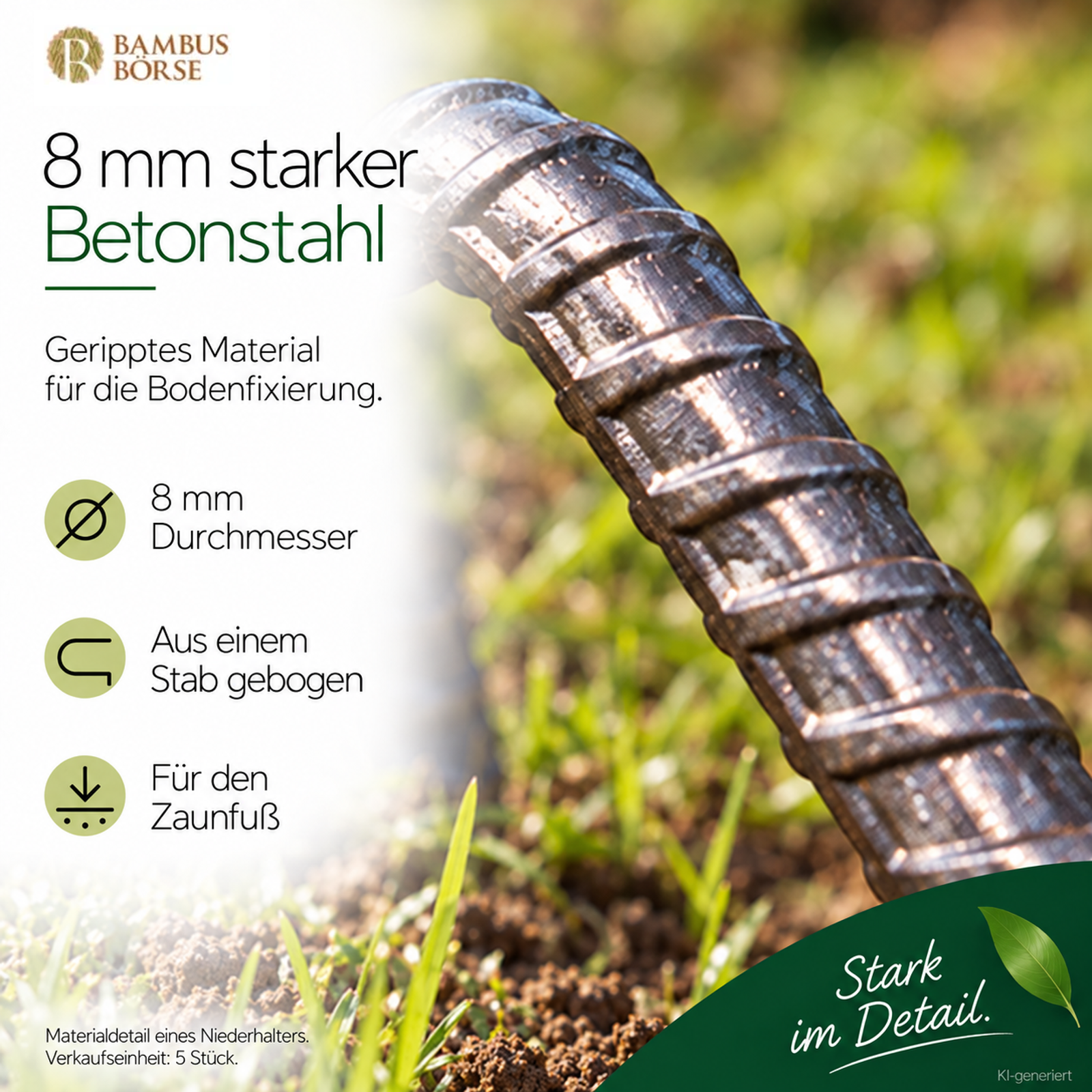 Detaildarstellung des gerippten 8 mm starken Betonstahls eines Niederhalters