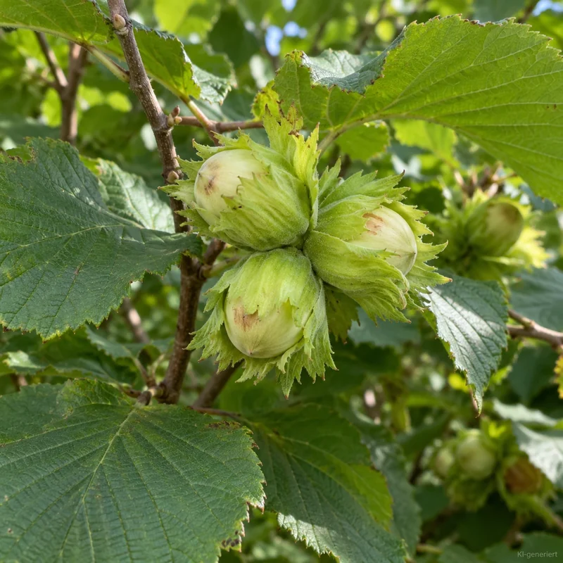Noisettes dans leurs enveloppes vertes, parmi les feuilles d’un noisetier