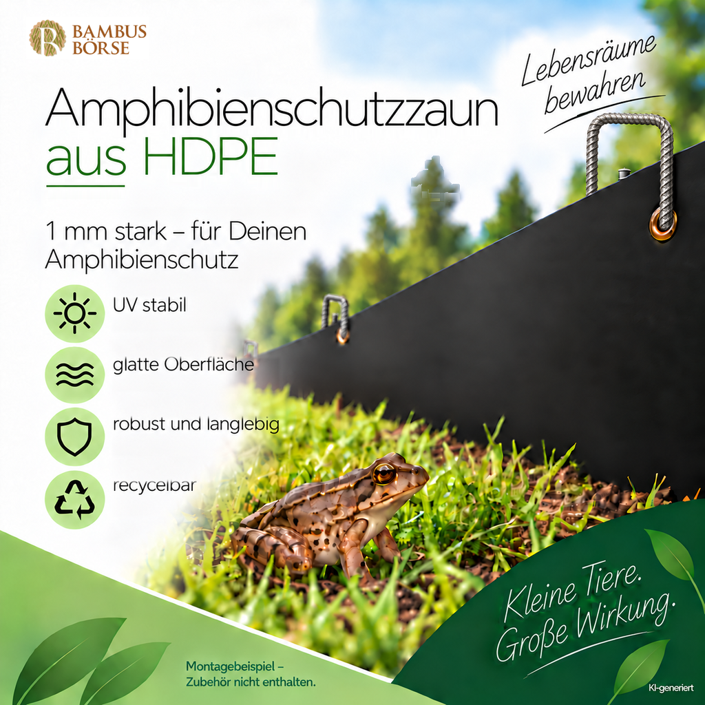 KI-generierte Illustration einer schwarzen HDPE-Bahn für den Amphibienschutz mit einem Frosch im Gras sowie zusätzlichen Ösen und stahlgrauen Haltern.