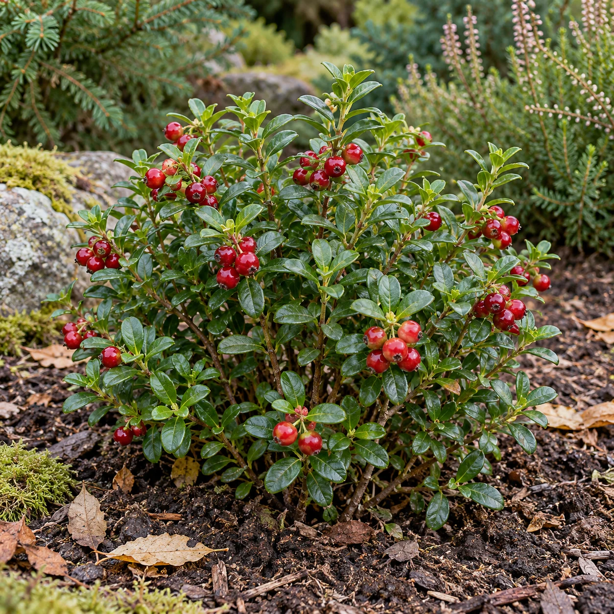 Preiselbeere mit dichtem grünem Laub und roten Beeren im Gartenbeet.