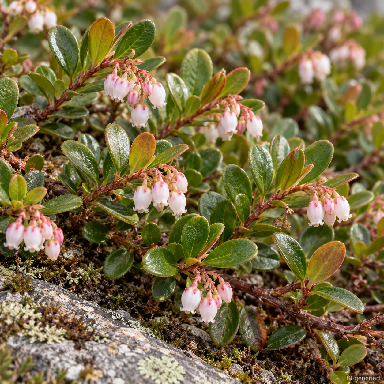 Zartrosa und weiße Blüten der Bärentraube 'Massachusetts' zwischen glänzenden Blättern im Frühjahr.