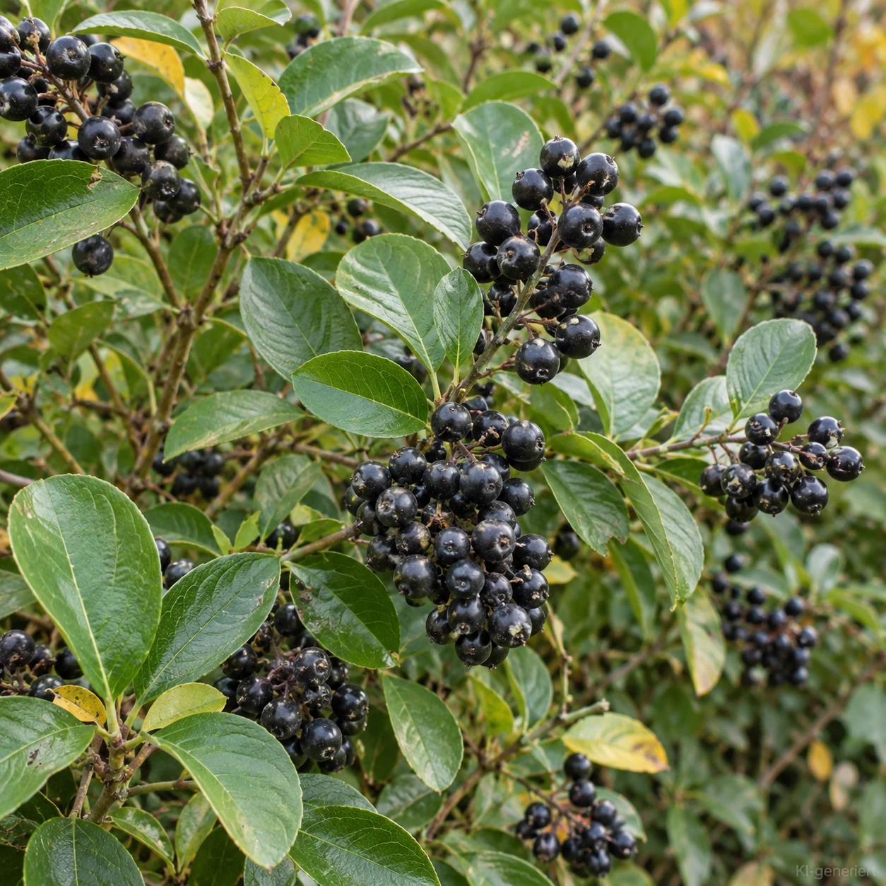 Schwarze Ligusterfrüchte zwischen ovalen grünen Blättern.
