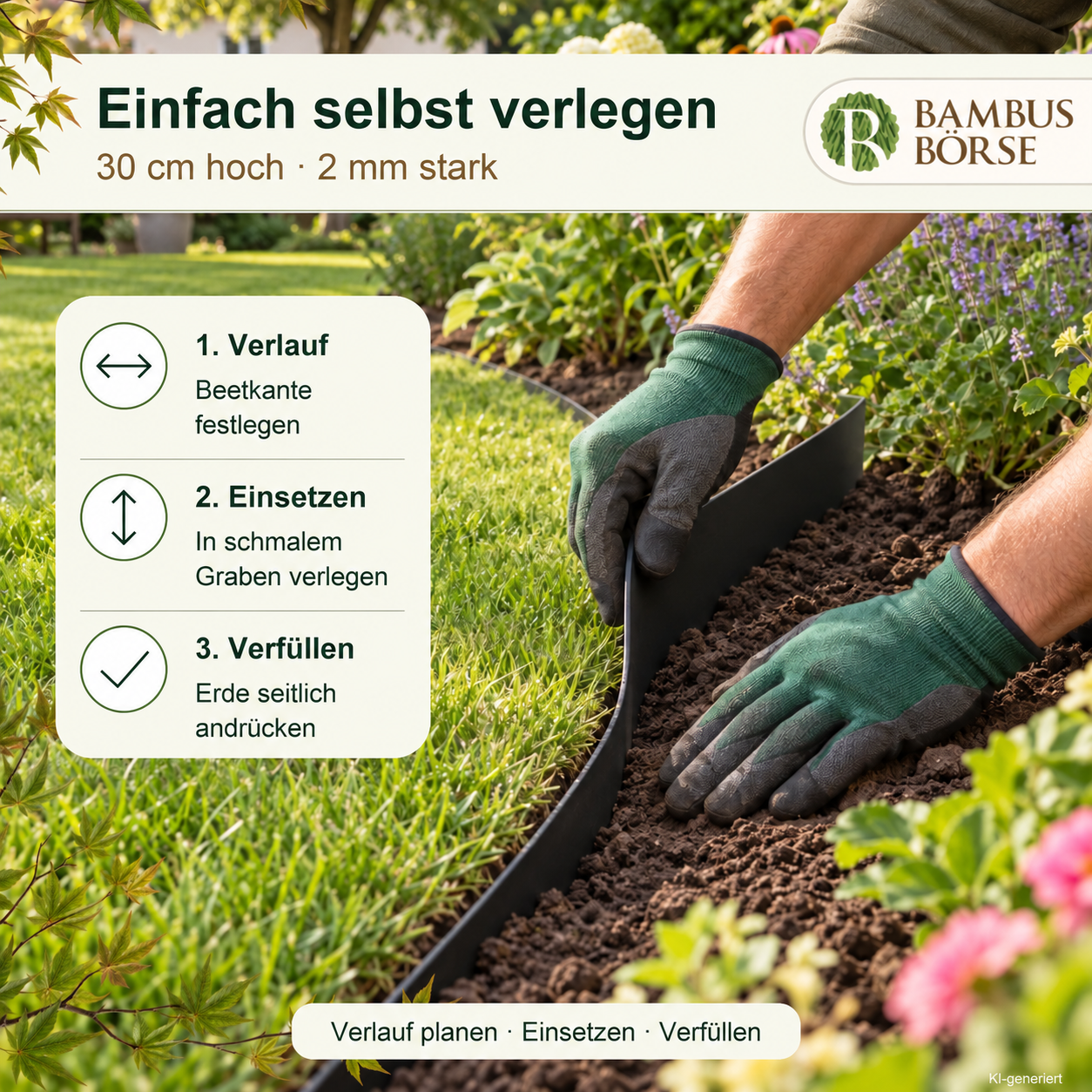 Rasenkante, Beeteinfassung (Stärke 2 mm, Höhe 30 cm ) aus HDPE*