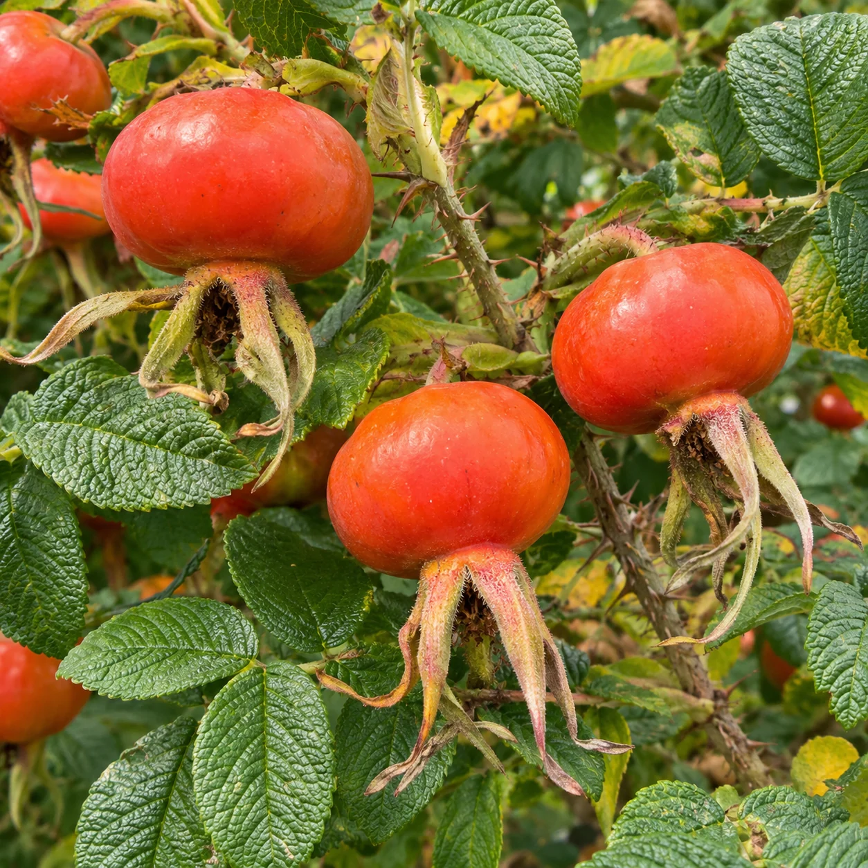 Rote Hagebutten an einer Inselrose in herbstlicher Nahaufnahme.