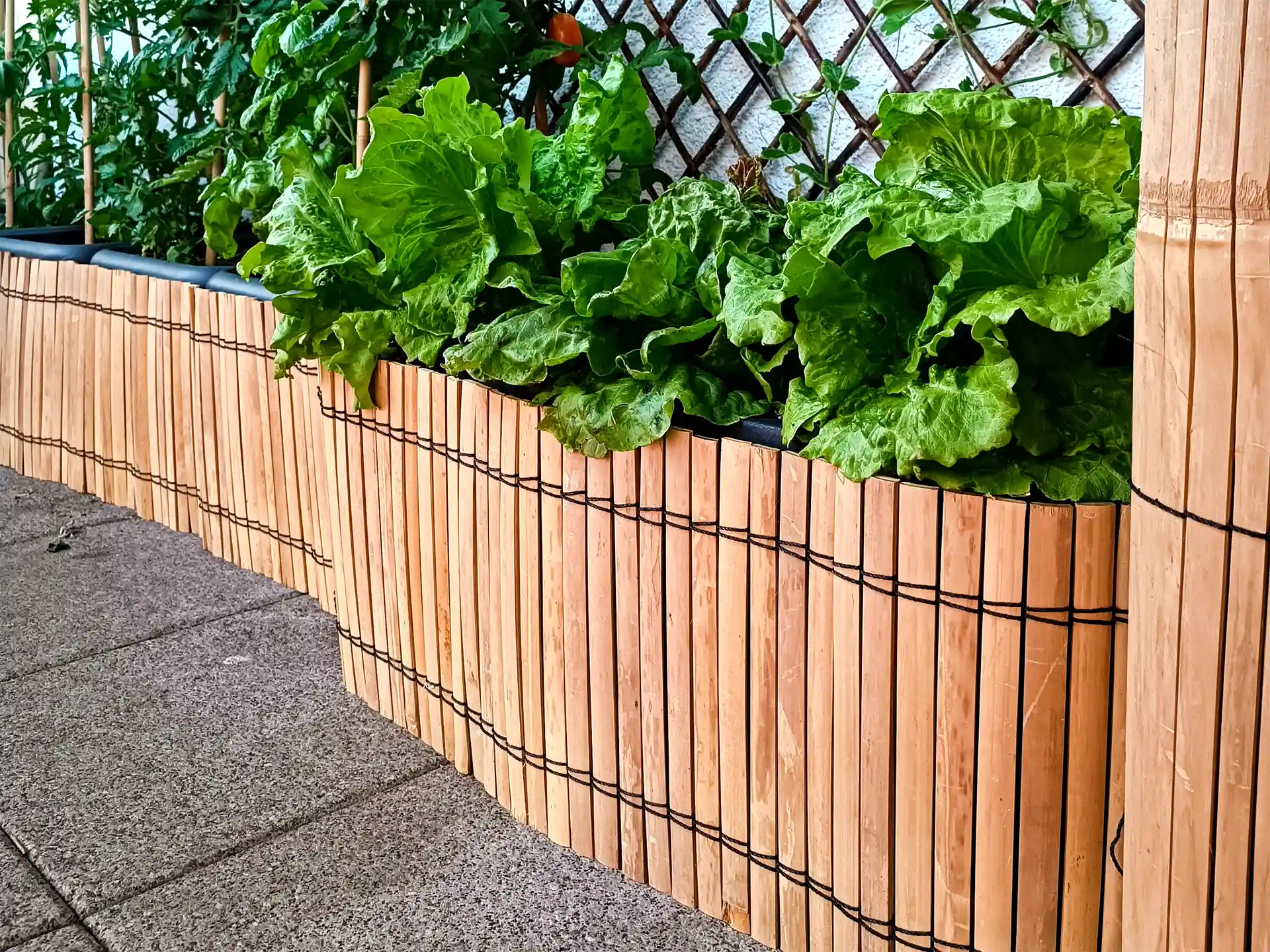 Matte aus Bambusleisten als Sichtschutz vor Balkonkästen mit Gemüse- und Kräuterpflanzen.