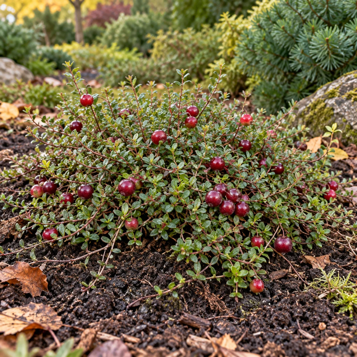 Cranberry mit niedrigen belaubten Trieben und roten Früchten im Garten.