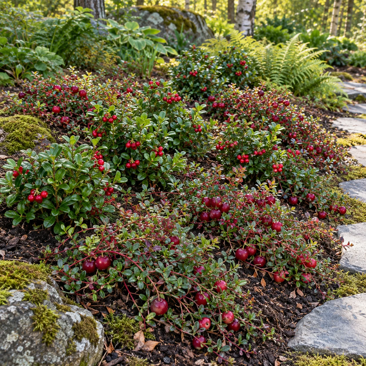 Preiselbeeren und Cranberries gemeinsam in einem Gartenbeet.