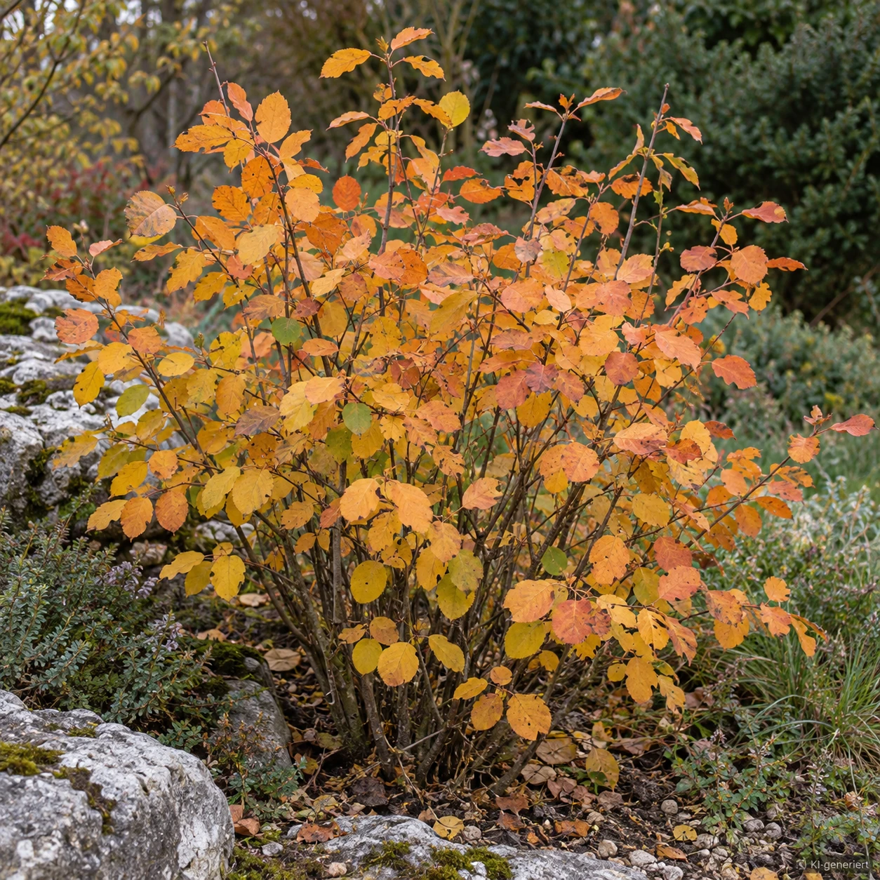 Gewöhnliche Felsenbirne mit orangefarbenem Herbstlaub.