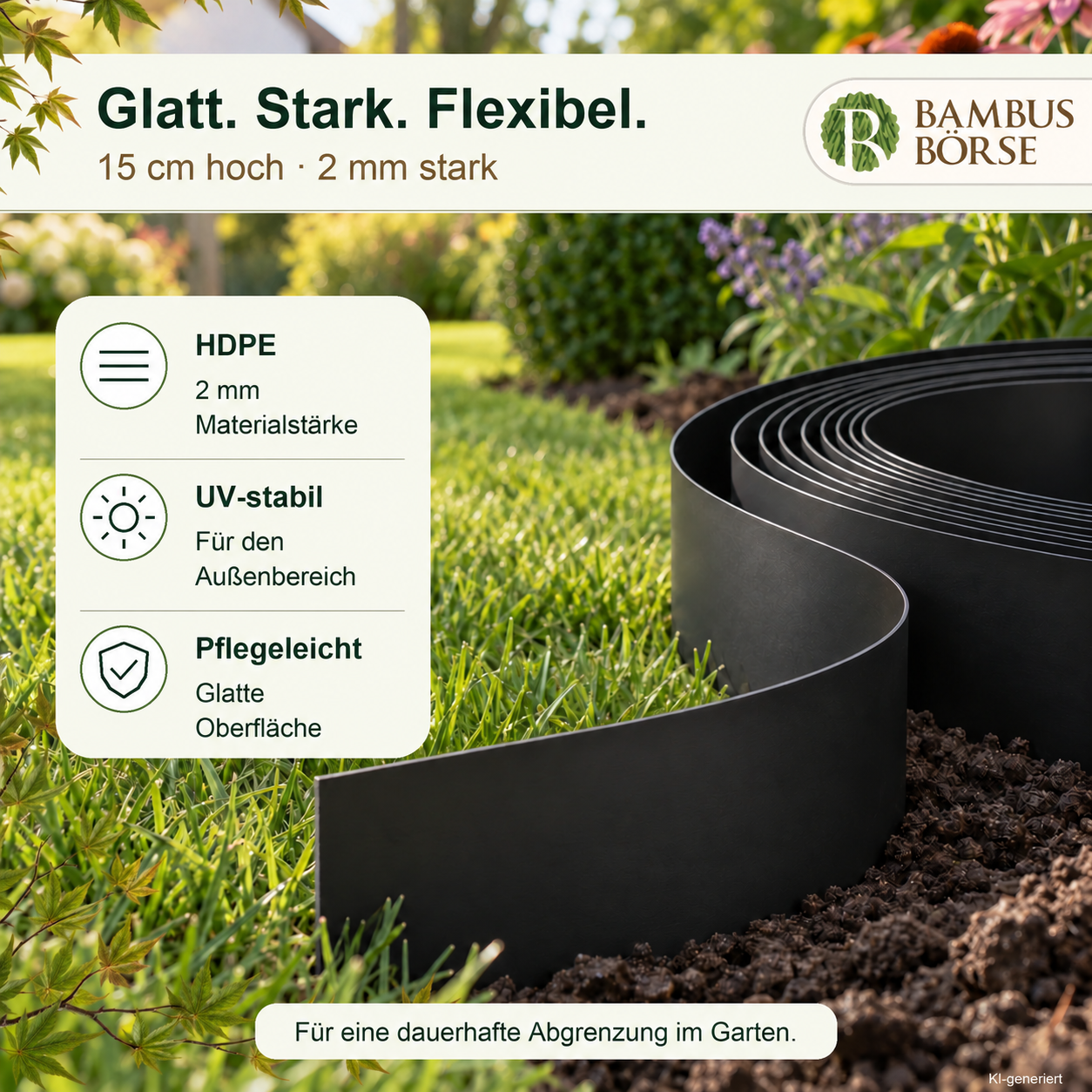 Schwarze Rasenkante aus 2 mm HDPE, 15 cm hoch. KI-generiert.