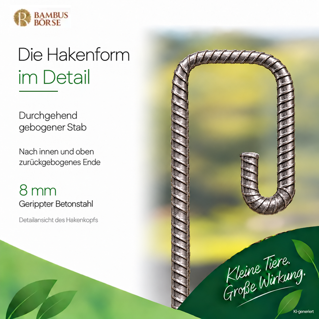 Nahaufnahme des gerippten Hakenkopfs mit einem nach innen und oben zurückgebogenen Ende.