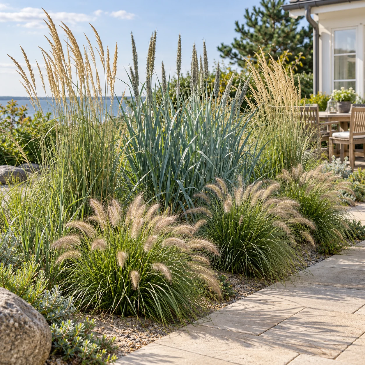 Oyat, seigle de mer et herbe aux écouvillons plantés près d’une terrasse.