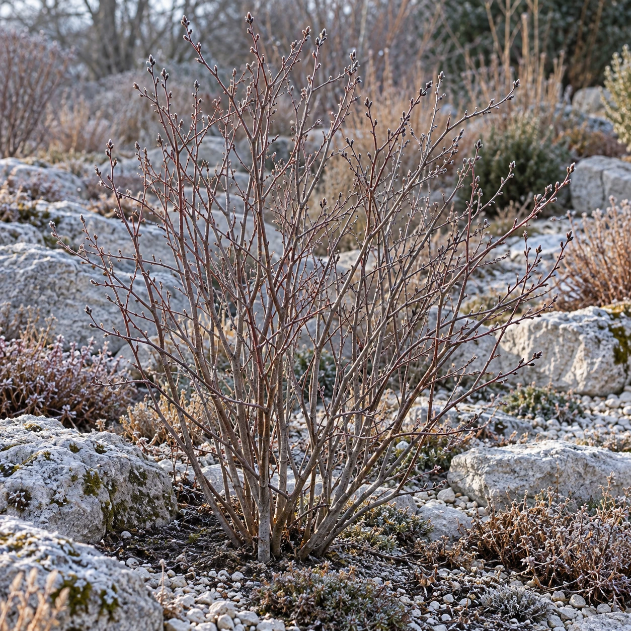 Blattlose Gewöhnliche Felsenbirne in einer winterlichen Pflanzung.
