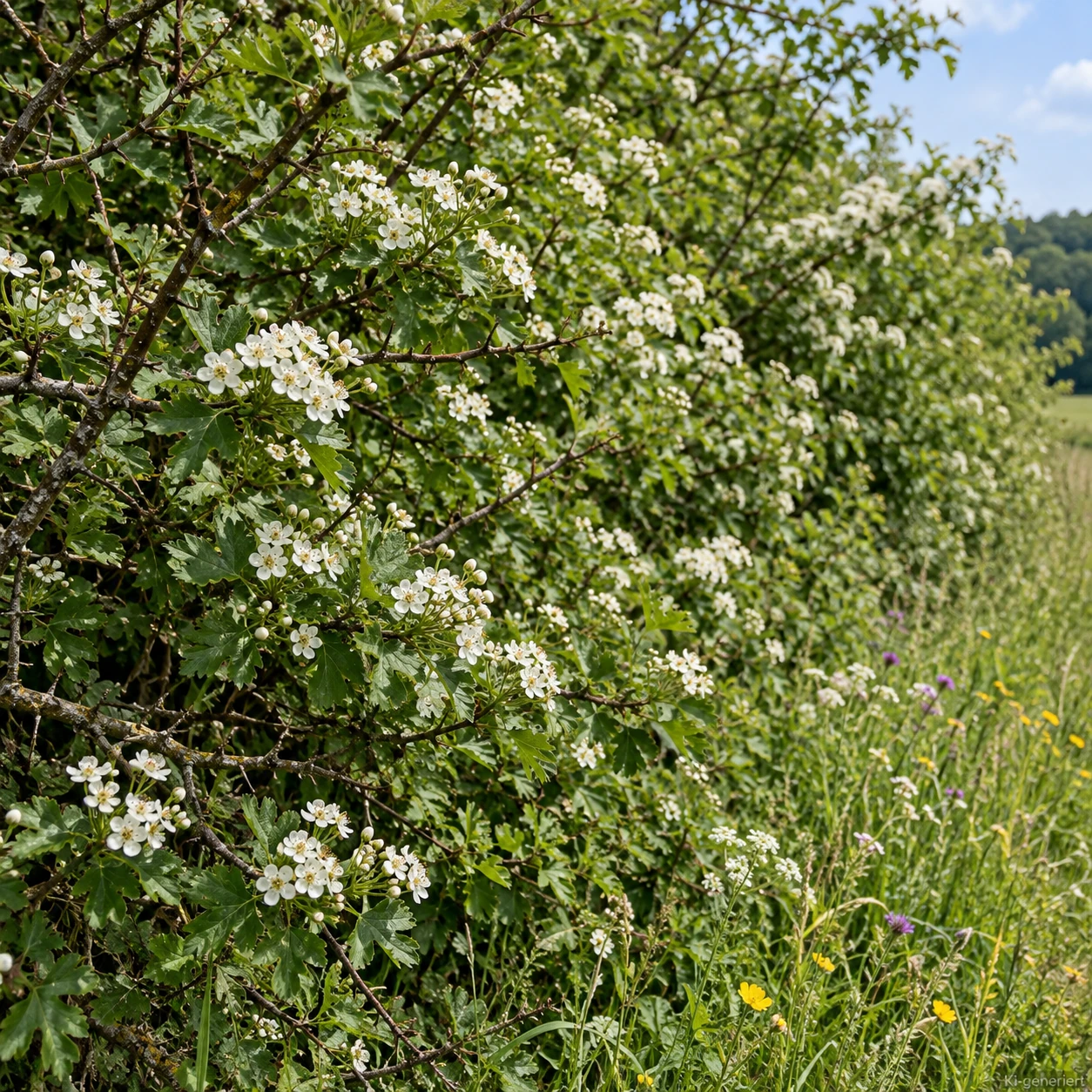 Blühender Weißdorn in einer frei wachsenden Hecke.