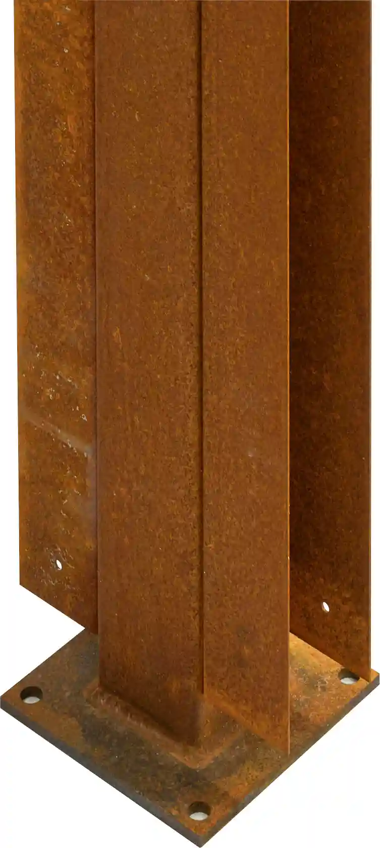 Mittelpfosten aus Cortenstahl rostfarben für stabile Befestigung von Bambuszäunen.