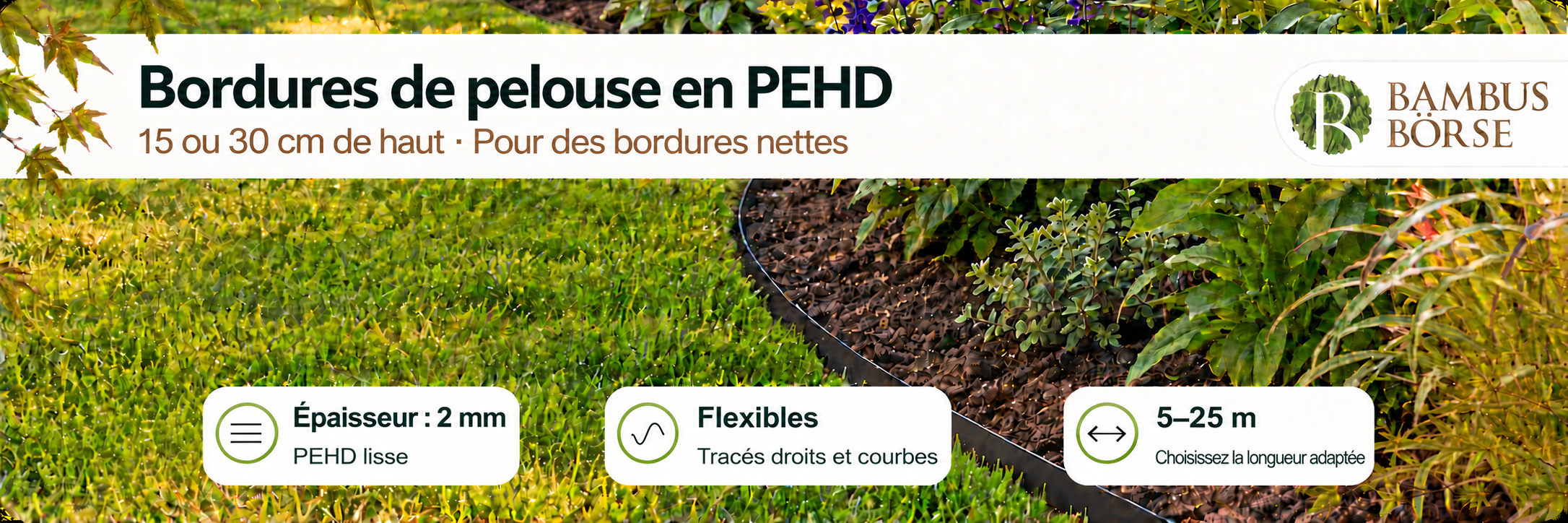 Fine bordure en PEHD entre une pelouse et un parterre de fleurs, de 15 ou 30 cm de haut et de 2 mm d’épaisseur. Illustration générée par IA.