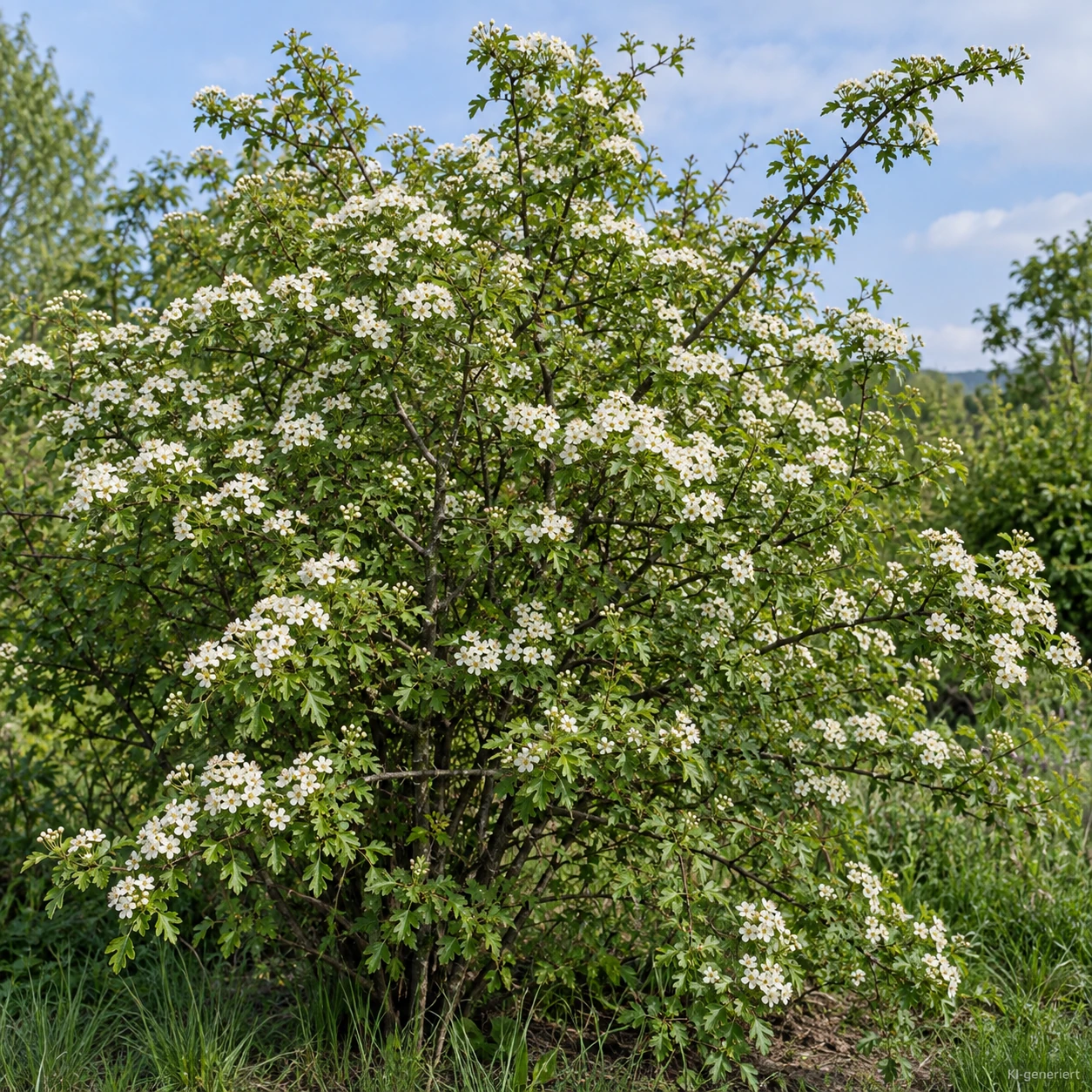 Eingriffeliger Weißdorn mit weißen Blüten im Garten.