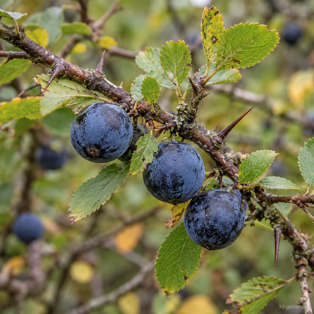 Blau bereifte Schlehenfrüchte am Zweig.