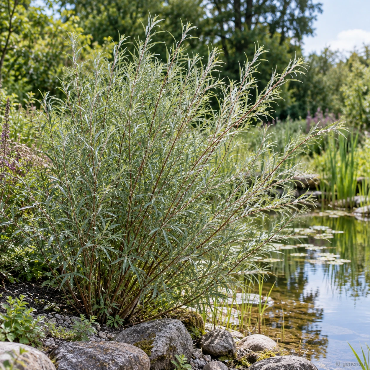 Rosmarinweide in einer Pflanzung am Gartenteich.