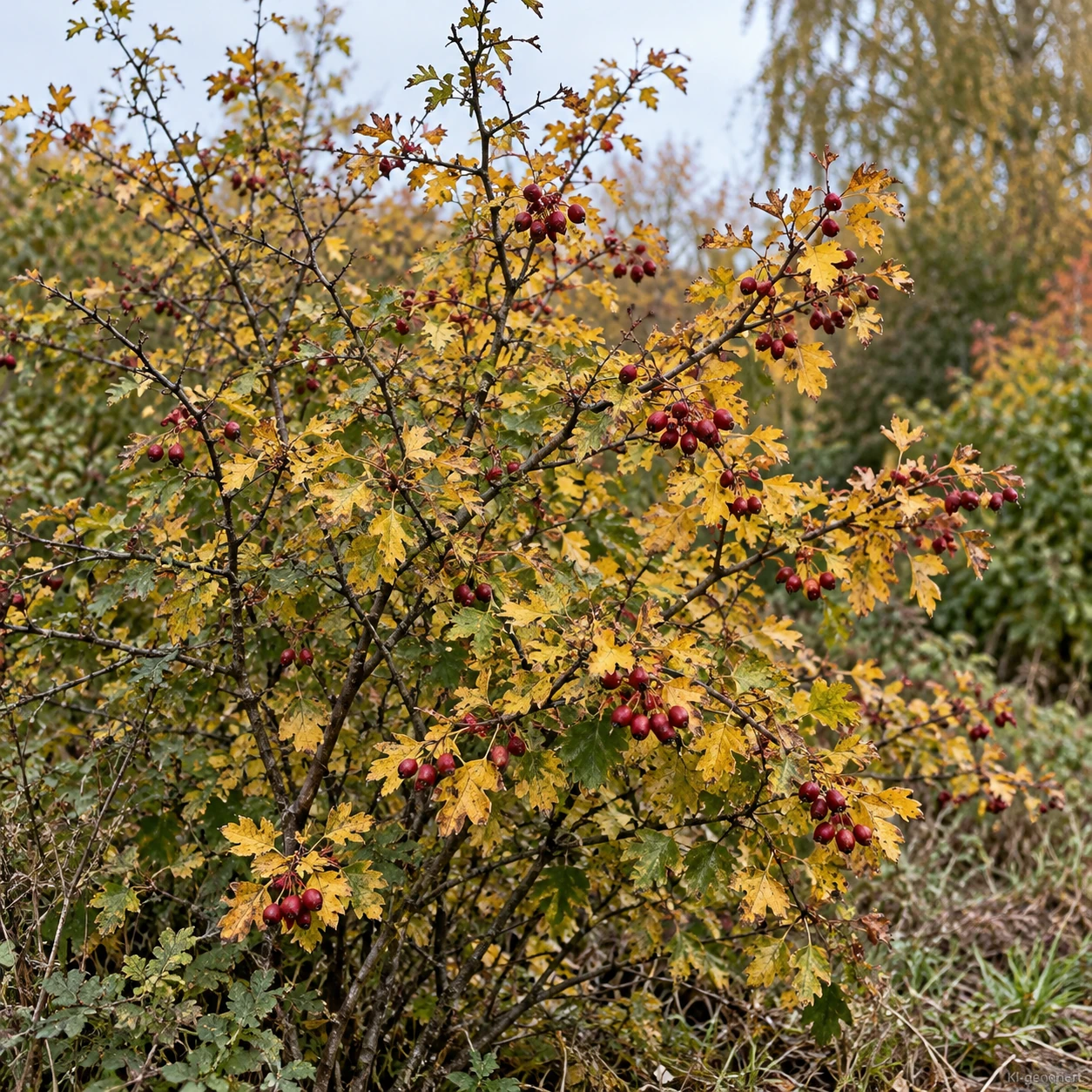 Eingriffeliger Weißdorn mit Herbstlaub und roten Früchten.