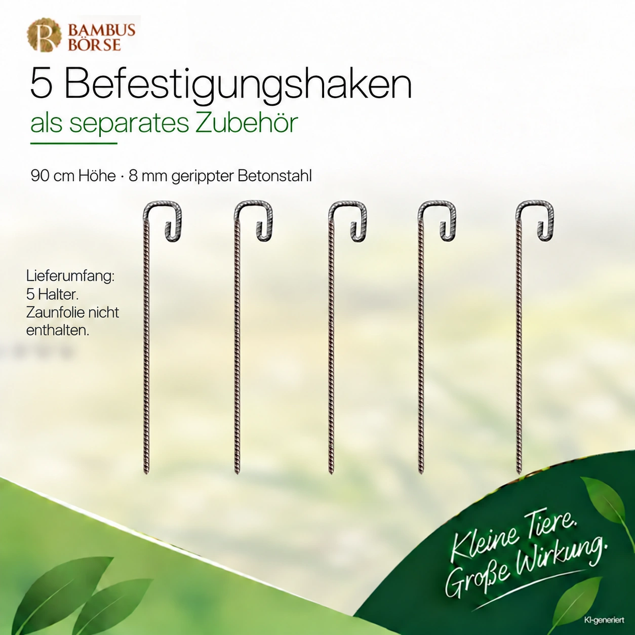 Fünf Befestigungshaken aus geripptem Betonstahl nebeneinander, jeweils 90 cm hoch, ohne Zaunfolie.