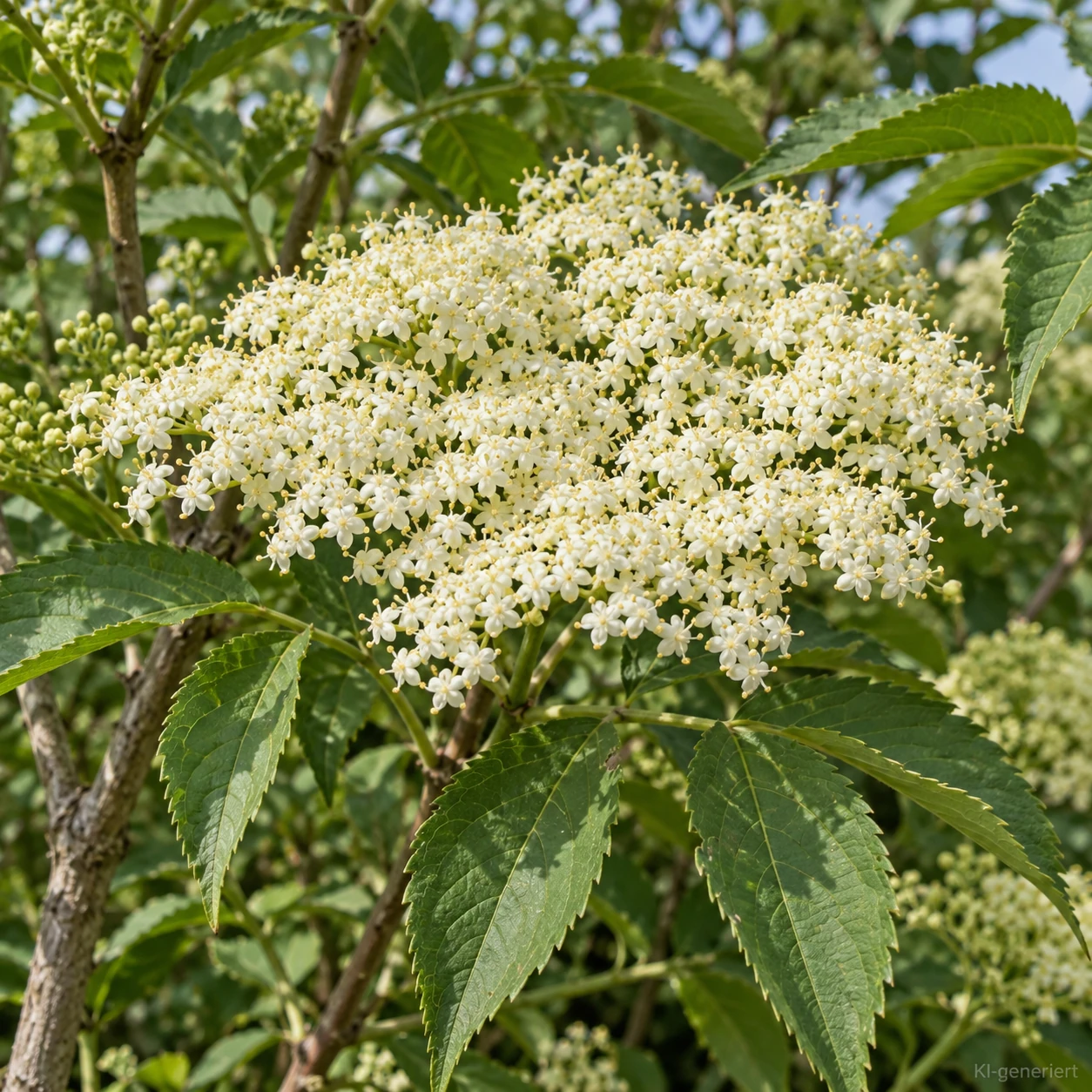 Weiße Holunderblüten in einem flachen Blütenschirm.