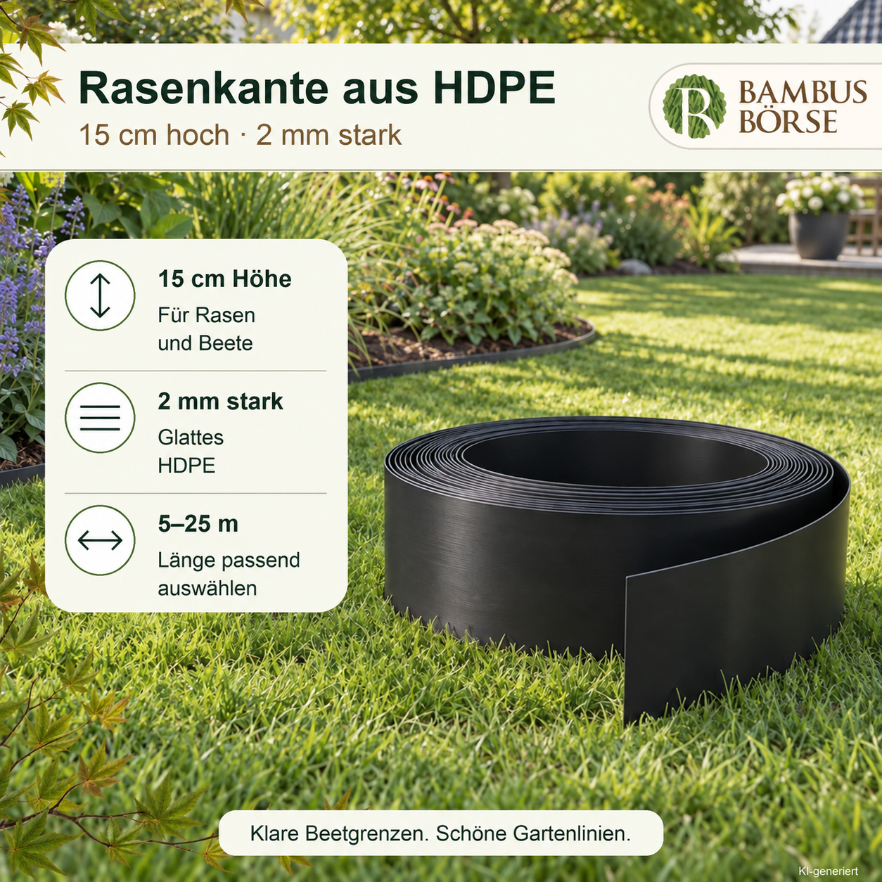 Schwarze HDPE-Rasenkante als Rolle im Garten, 15 cm hoch und 2 mm stark. KI-generiert.