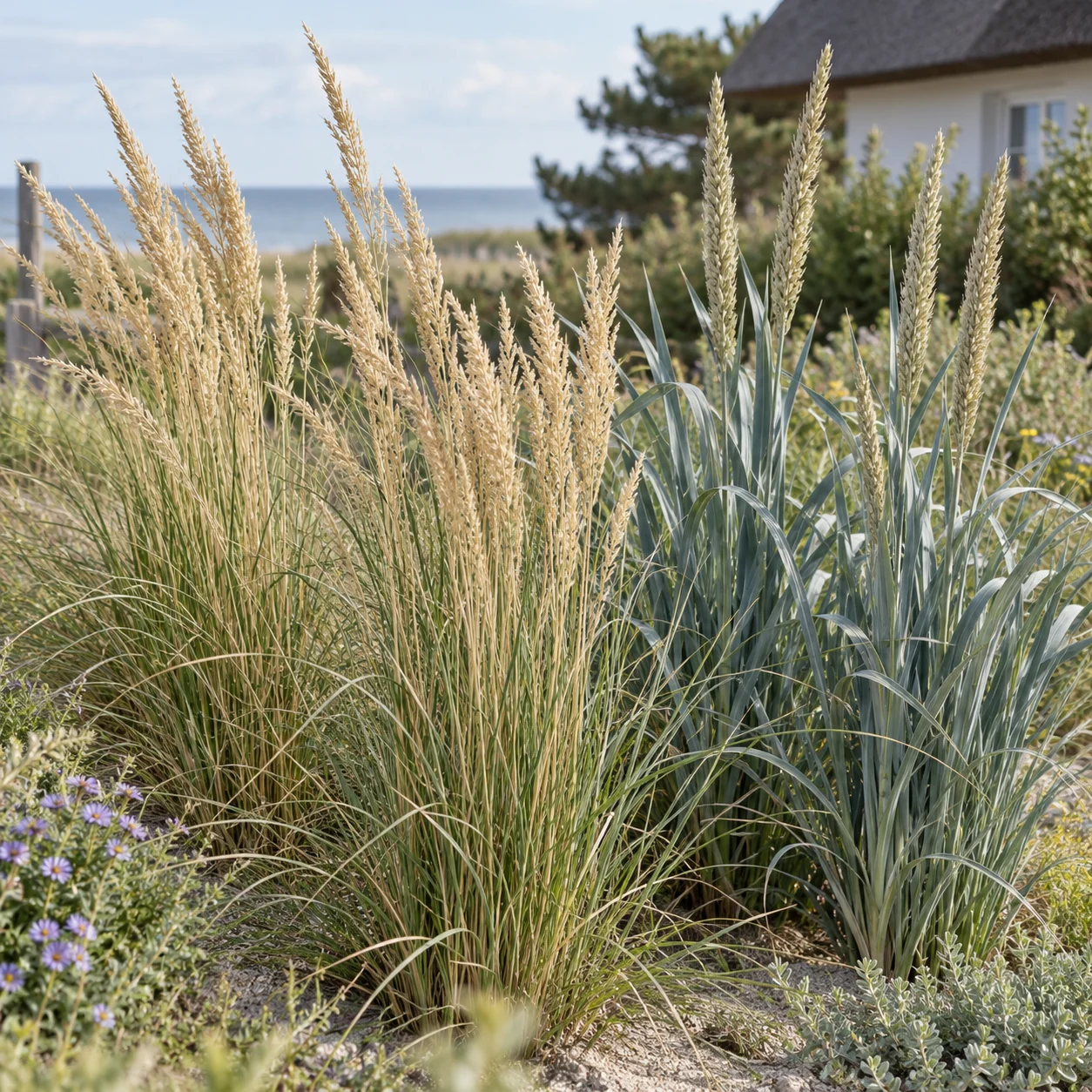 Gros plan sur les inflorescences claires de l’oyat et du seigle de mer.