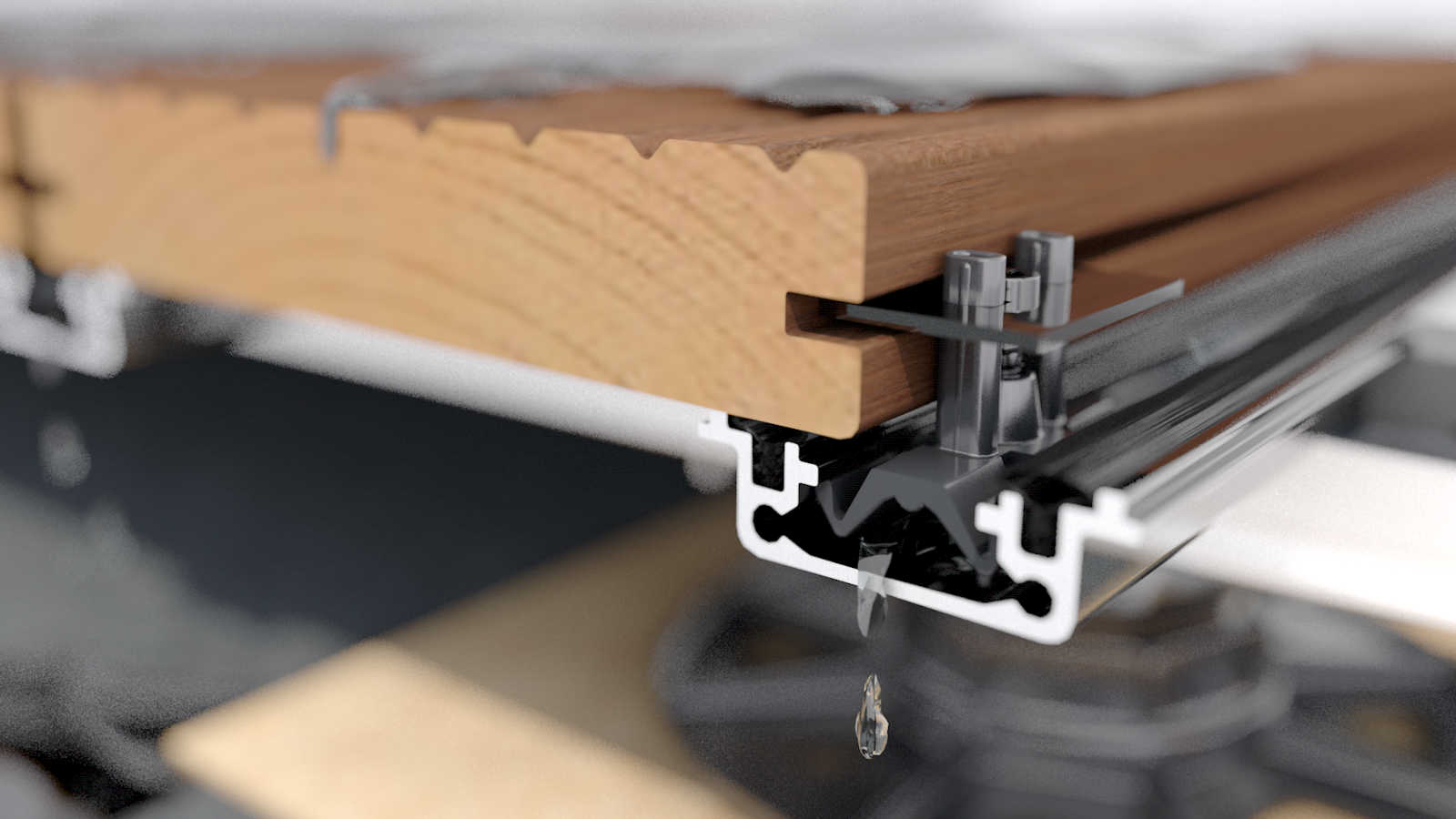 Eurotec-Terrasse-EVO-Holz-schwarze-Schiene-nicht-sichtbare-Befestigung-gerade Wasserleitsystem EVOdry