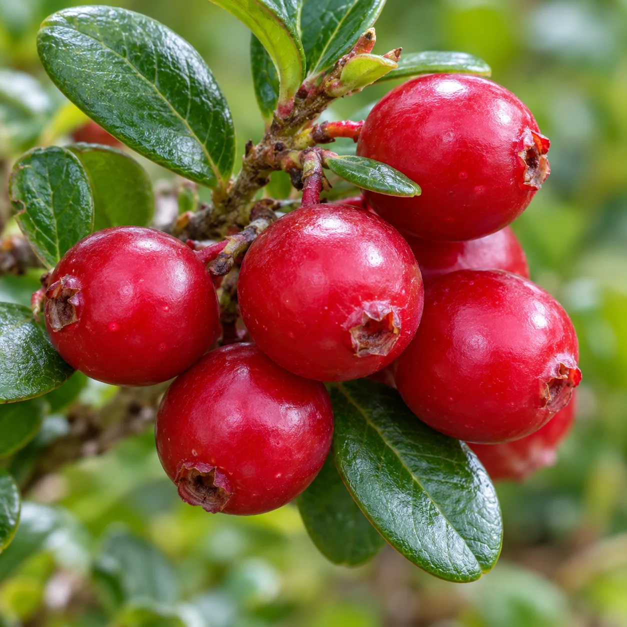 Rote Preiselbeeren zwischen kleinen glänzenden grünen Blättern in Nahaufnahme.