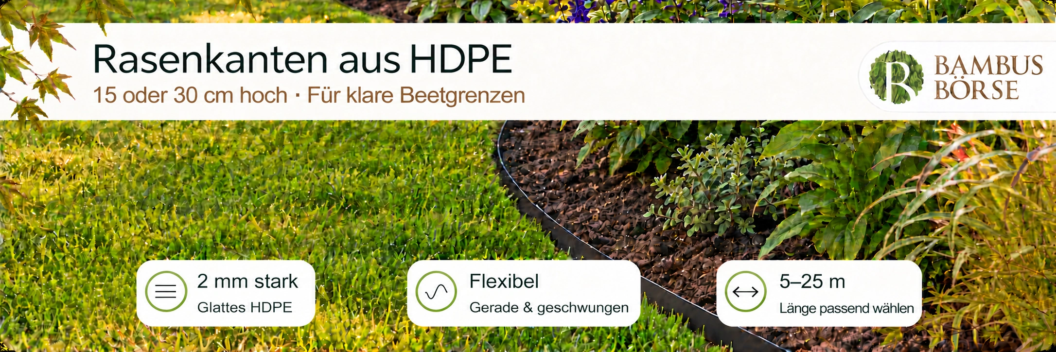 Dünne HDPE-Rasenkante zwischen Rasen und Blumenbeet, 15 oder 30 cm hoch und 2 mm stark.