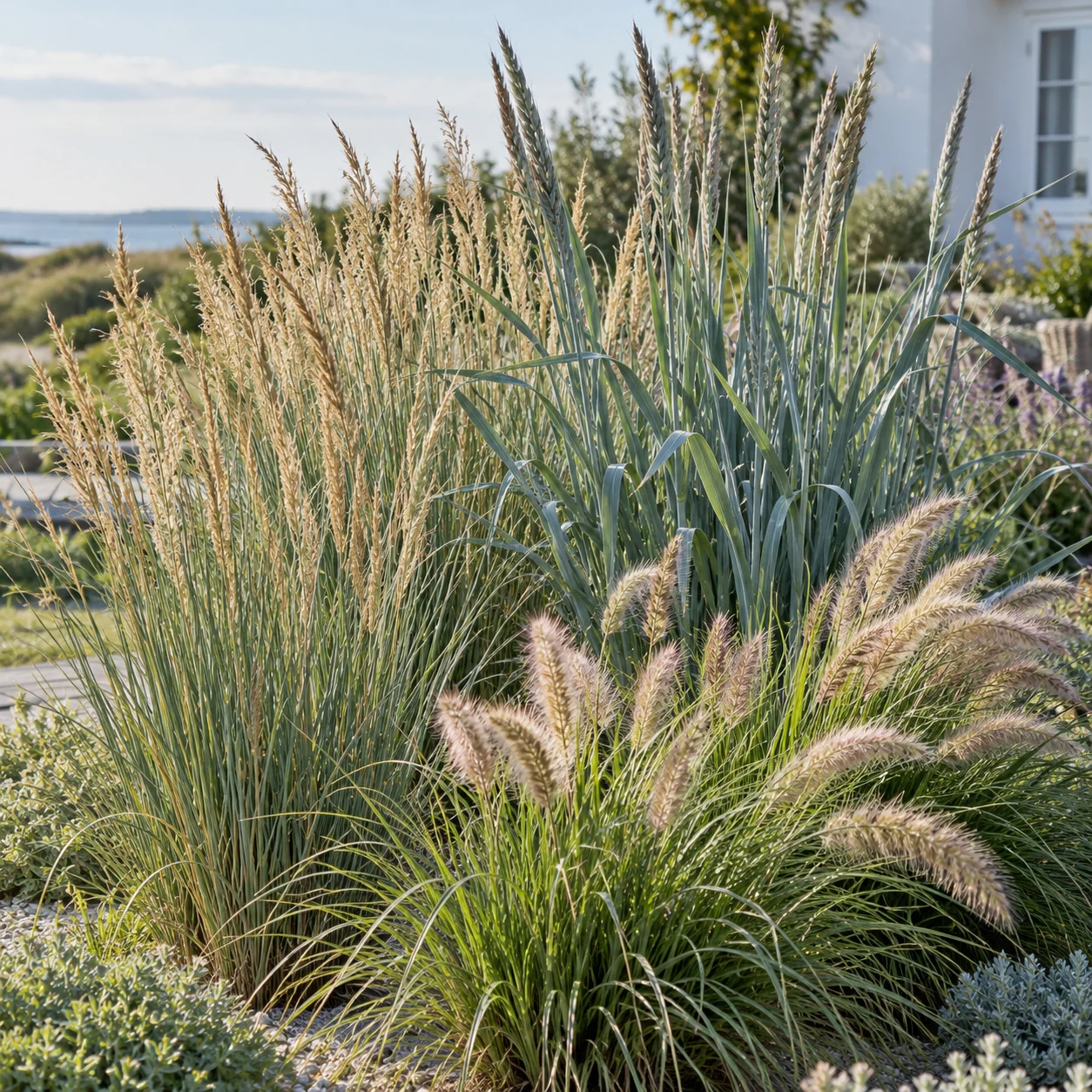 Inflorescences de l’oyat et du seigle de mer, accompagnées d’un épi d’herbe aux écouvillons.