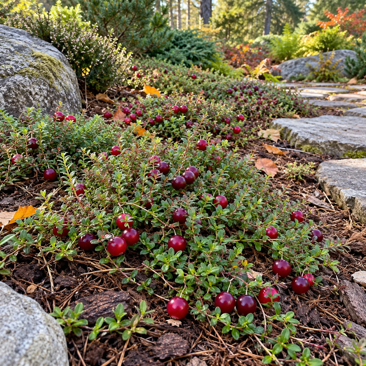 Cranberry als flache Pflanzendecke in einem Gartenbeet.