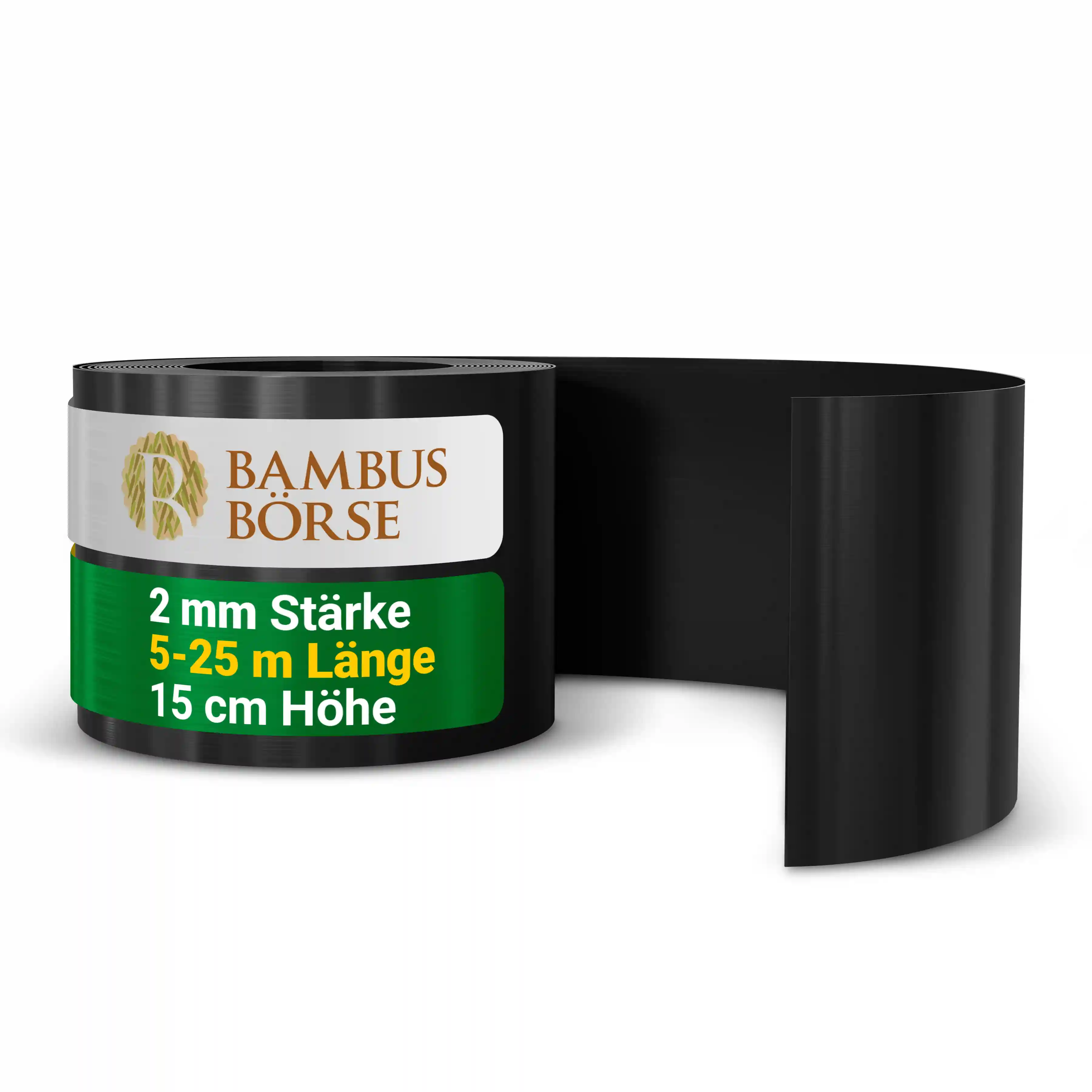 Schwarze Kunststoffrolle mit Bambus Börse Logo, Aufschrift „2 mm Stärke, 5-25 m Länge, 15 cm Höhe“.