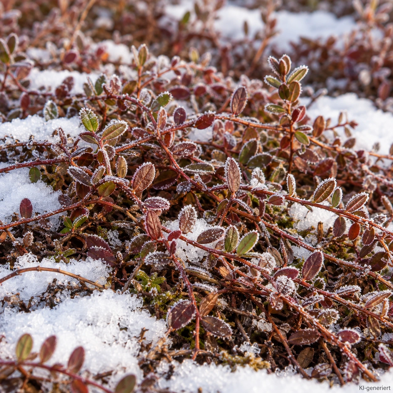 Bronzerotes Winterlaub der Cranberry 'Bergman' an feinen Trieben mit Raureif und kleinen Schneeflächen.
