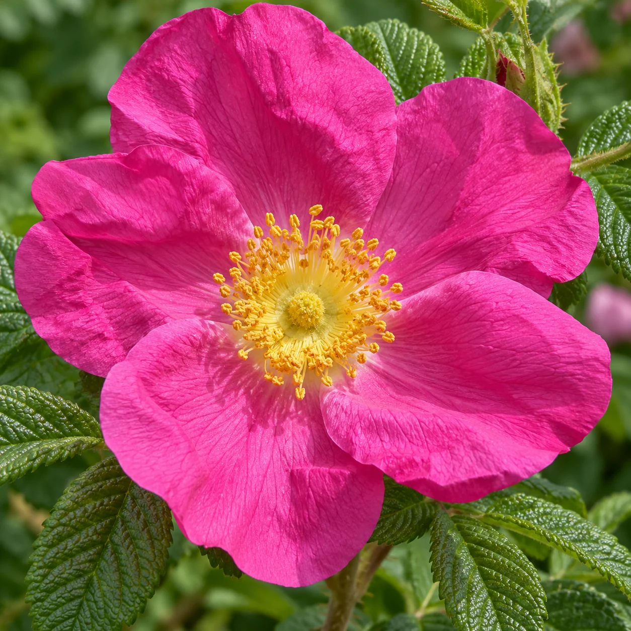 Rosa Blüte einer Inselrose mit gelben Staubgefäßen in Nahaufnahme.