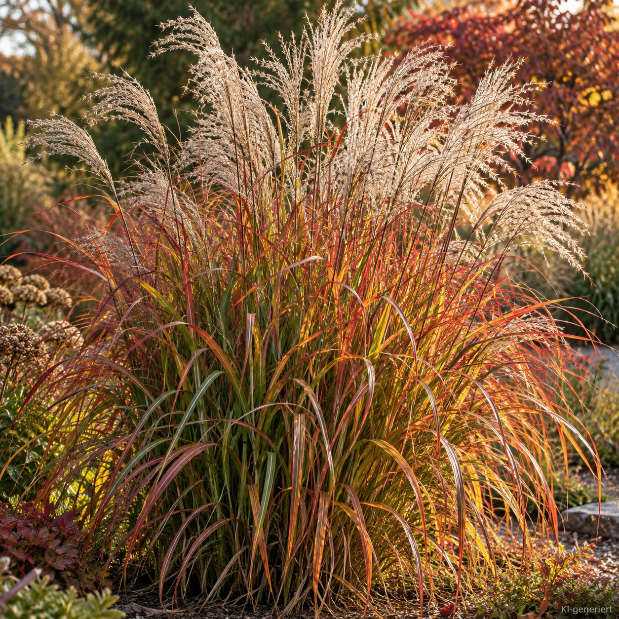 Miscanthus sinensis 'Red Chief' mit kupferrotem und orangefarbenem Herbstlaub sowie hellen Blütenrispen.