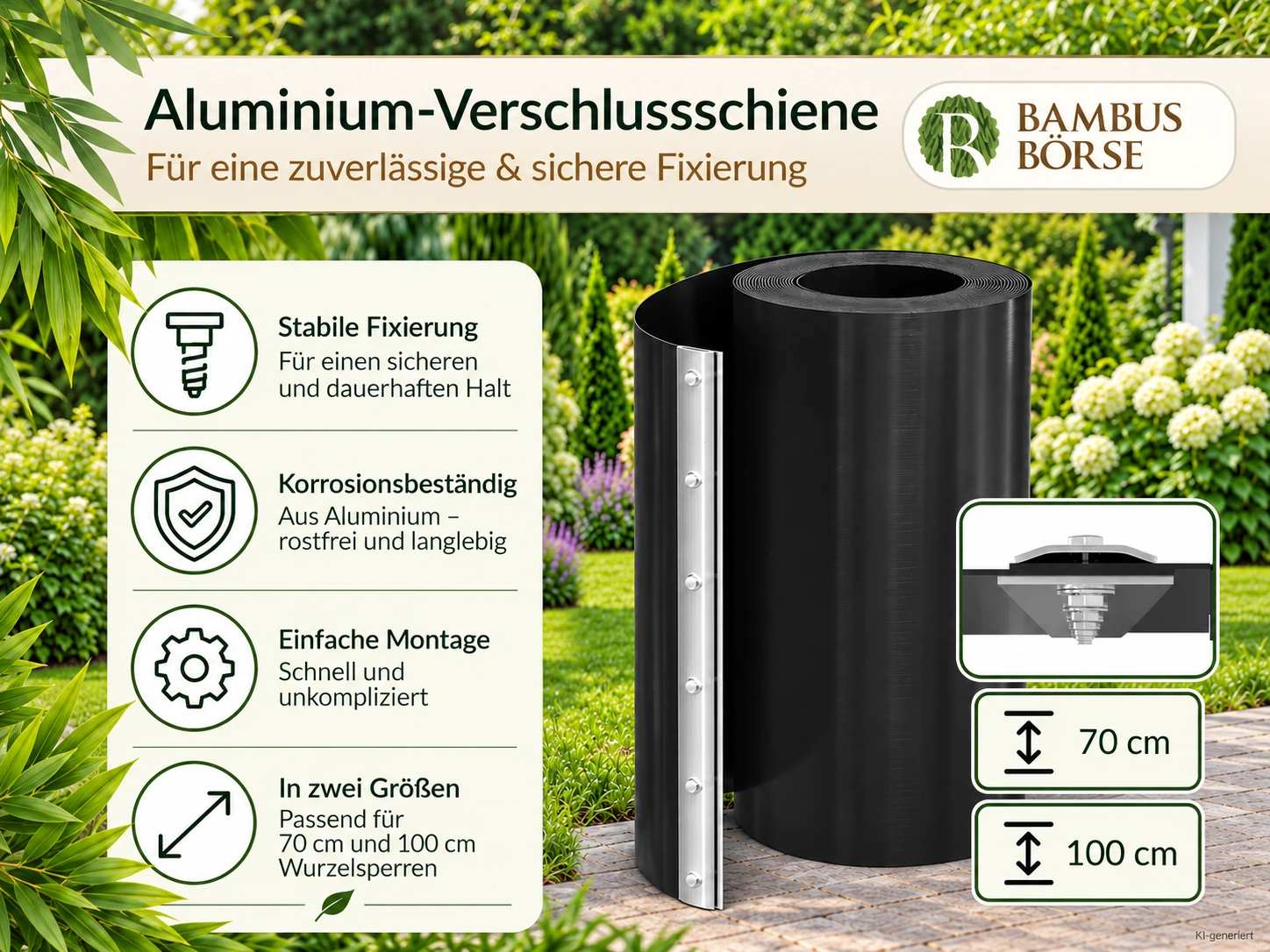 KI-generierte Darstellung einer Aluminium-Verschlussschiene an einer schwarzen HDPE-Rhizomsperre.