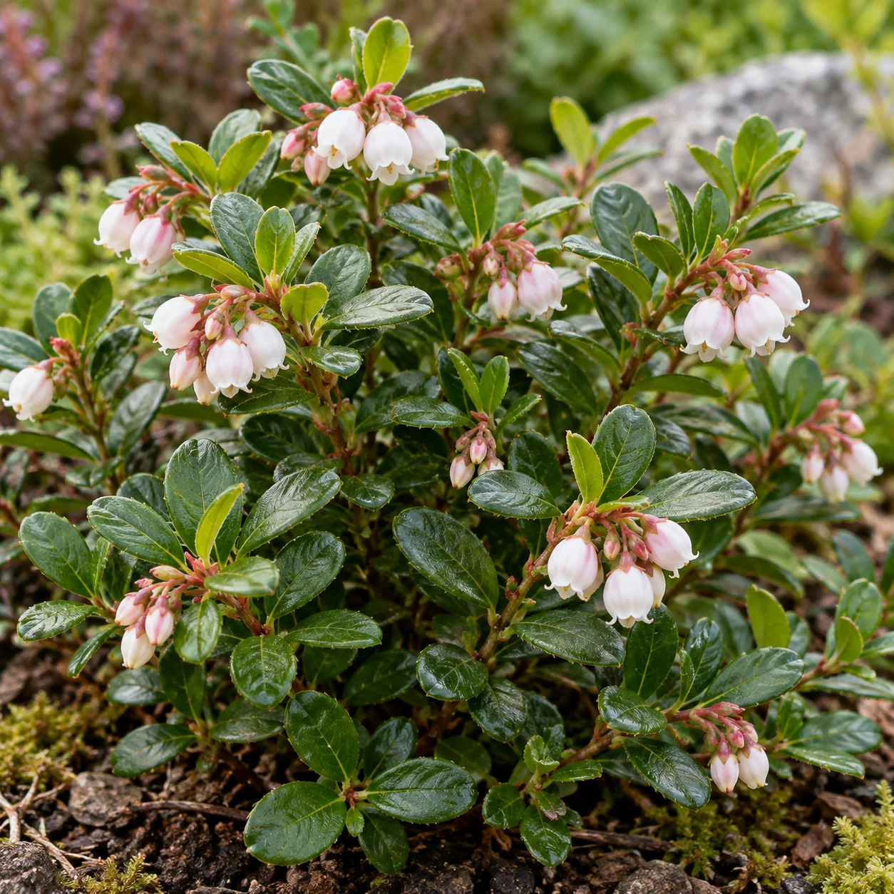 Weißrosa Glockenblüten der Preiselbeere zwischen kleinen grünen Blättern.