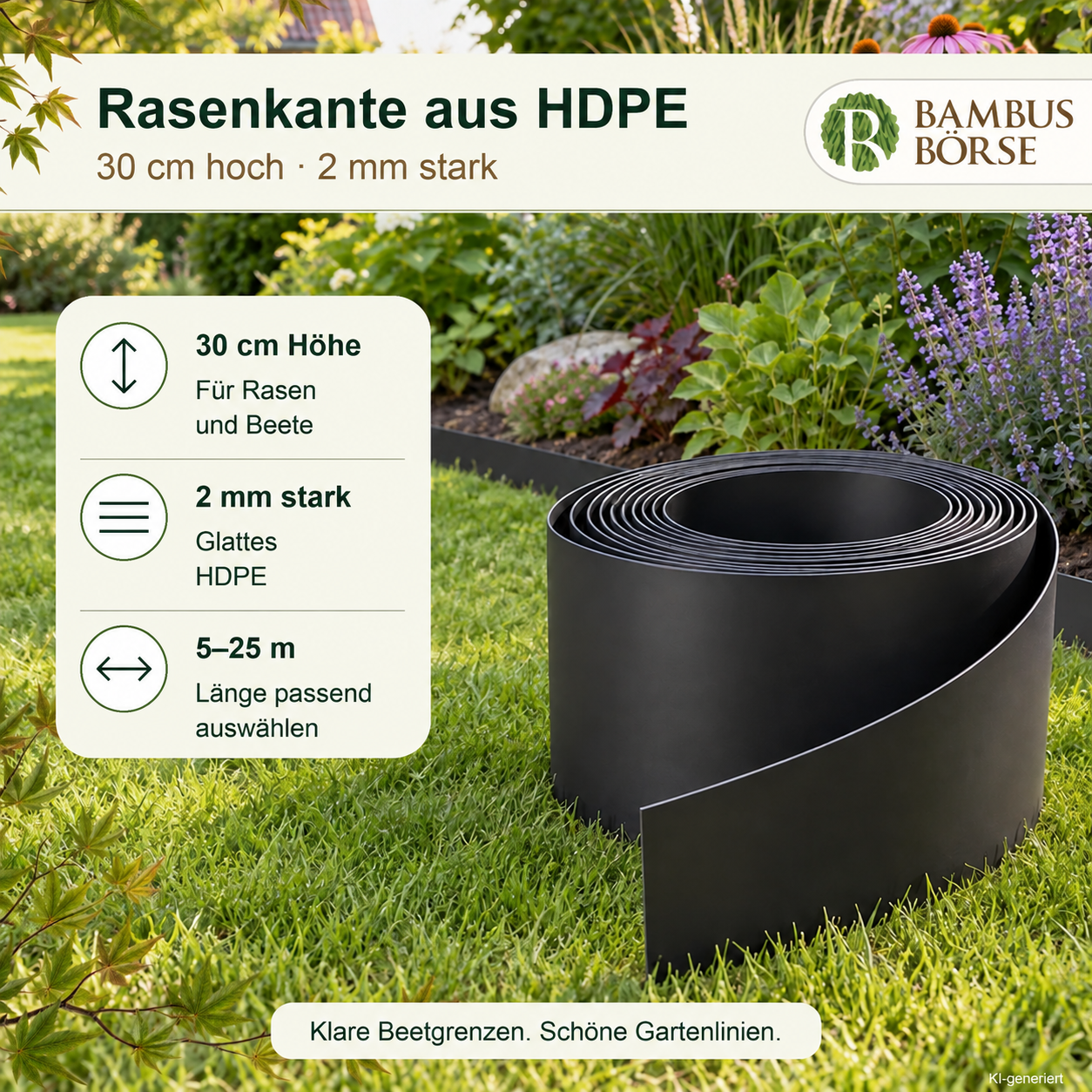 Rasenkante, Beeteinfassung (Stärke 2 mm, Höhe 30 cm ) aus HDPE*