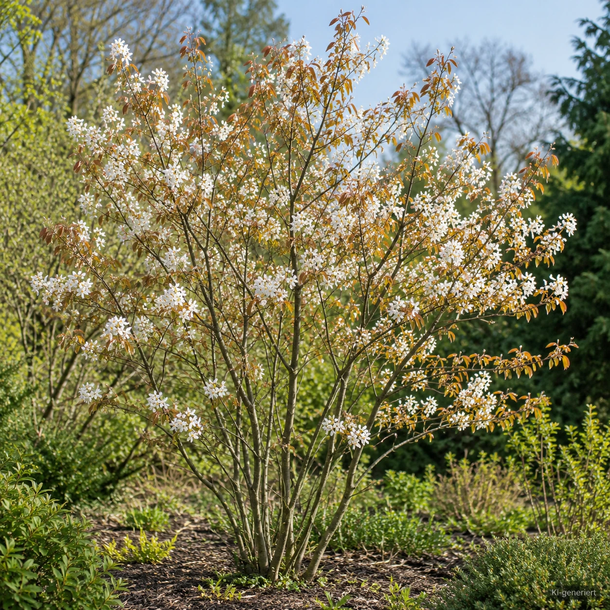 Kupfer-Felsenbirne mit weißen Blüten und kupferfarbenem Austrieb.