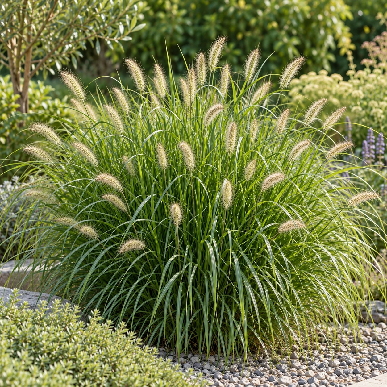 Lampenputzergras mit bogig überhängendem Laub und schlanken Blütenähren im Garten.