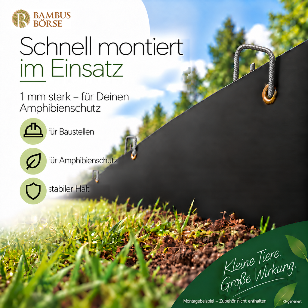 KI-generierte Montageillustration einer schwarzen HDPE-Bahn für den Amphibienschutz an Baustellen, mit zusätzlichen Messingösen und stahlgrauen Haltern.
