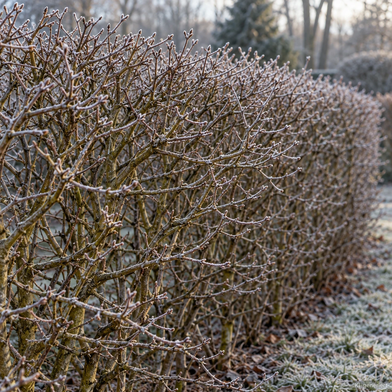 Blattlose Feldahornhecke mit Raureif im Winter.