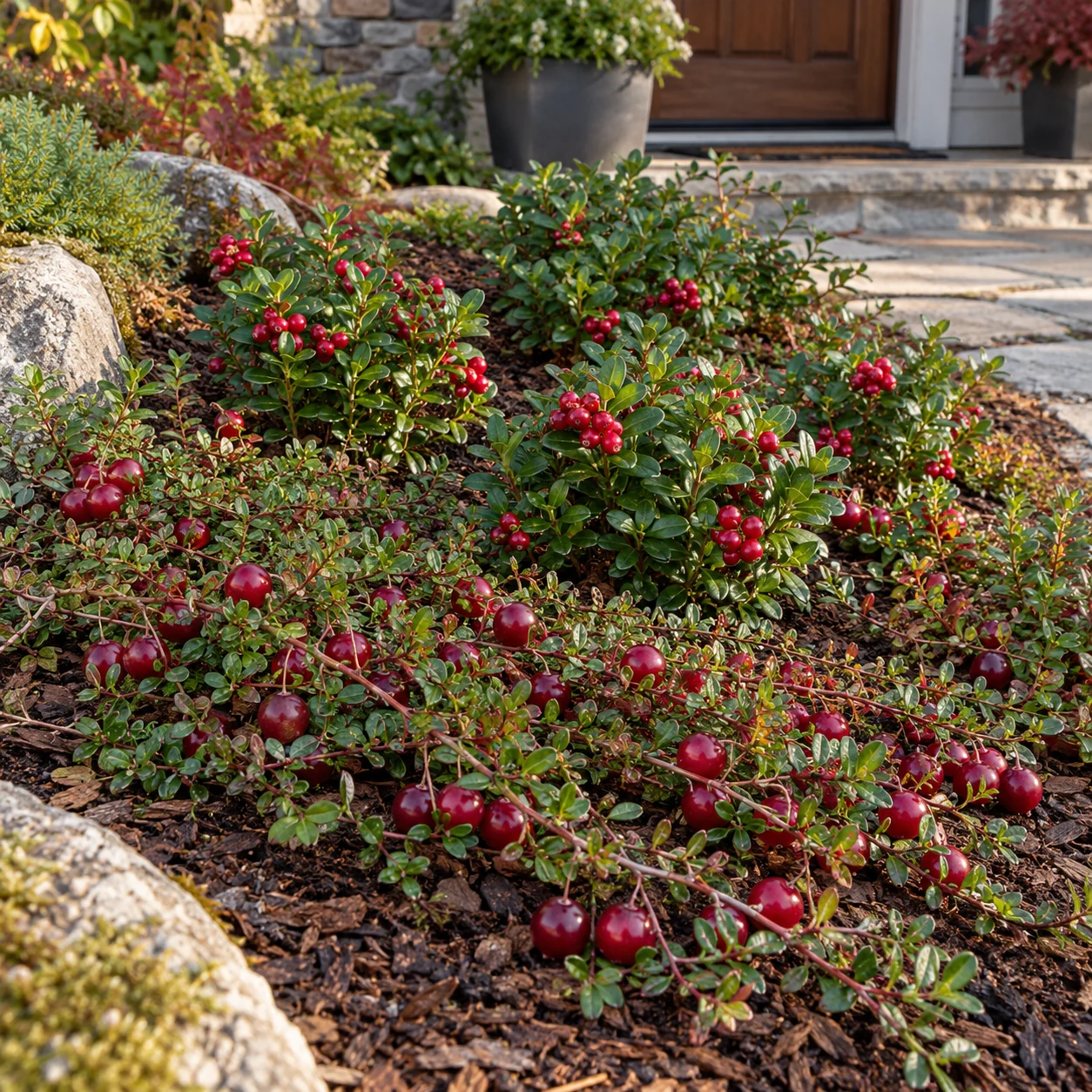 Preiselbeeren und Cranberries als Beispielpflanzung in Gefäßen am Hauseingang.