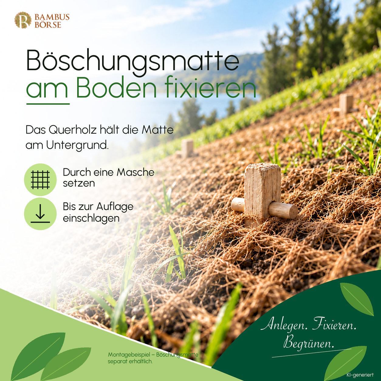 Holzpfock im Boden: Das Querholz liegt auf dem Kokosgewebe und fixiert die Böschungsmatte. KI-generiertes Montagebeispiel.
