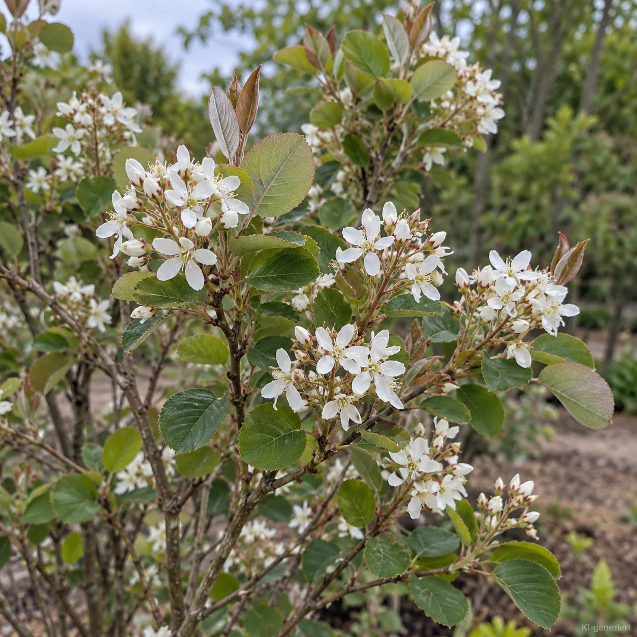 Weiße Blüten der Gewöhnlichen Felsenbirne am Zweig.