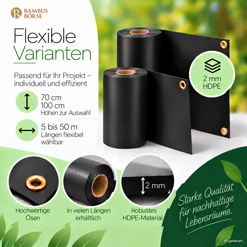 KI-generierte Darstellung von HDPE-Rollen mit 2 mm Stärke, 70 und 100 cm Höhe sowie Abschnittslängen von 5 bis 50 m; Ösen als Zusatzverarbeitung gezeigt.