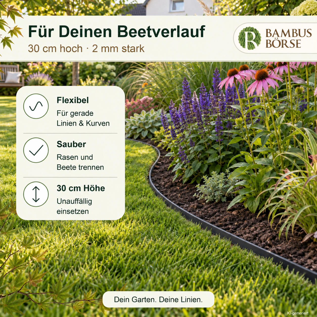 Rasenkante, Beeteinfassung (Stärke 2 mm, Höhe 30 cm ) aus HDPE*