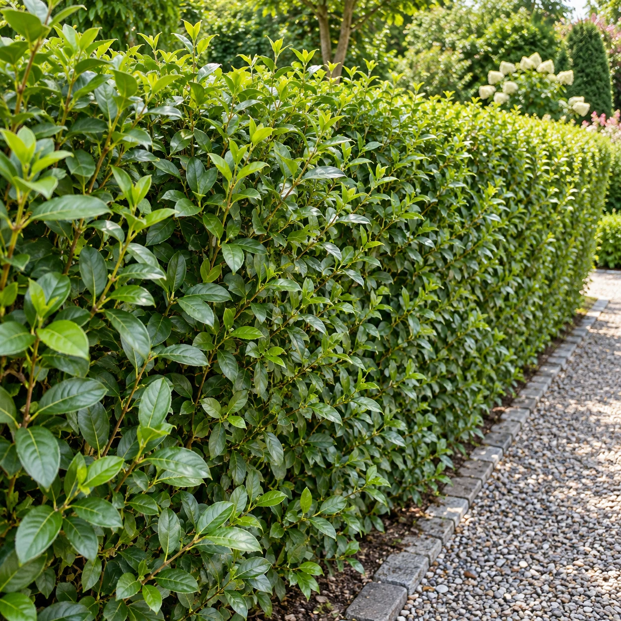 Geschnittene Hecke aus Ovalblättrigem Liguster am Kiesweg.