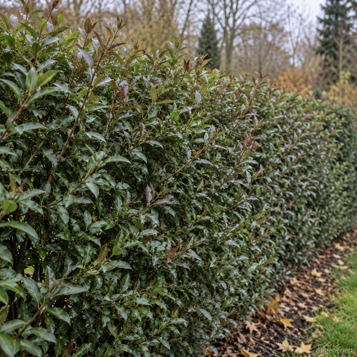 Liguster 'Atrovirens' mit überwiegend grünem Herbstlaub.